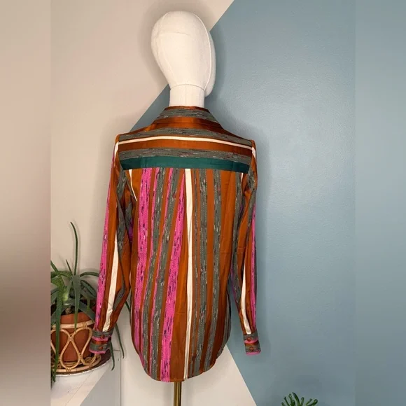Sézane Multicolor Striped Button Down Blouse Copper Pink Green Parisian Chic S - Picture 5 of 12